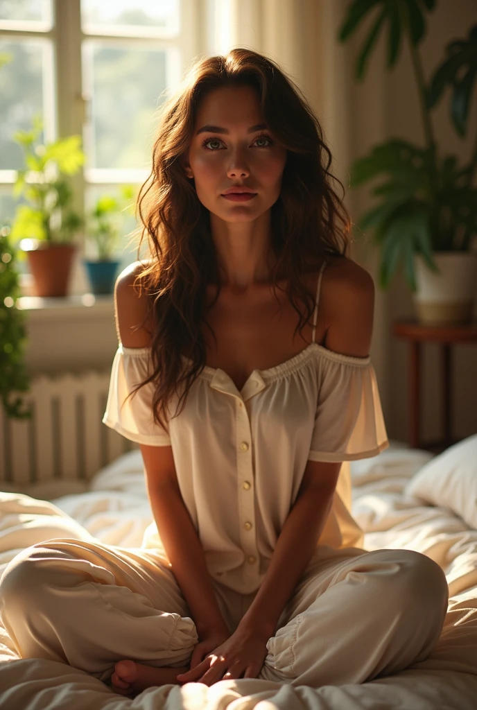 (photorealism:1.2), beautiful woman, sitting on bed, wearing loose off-shoulder top, pajama pants, long curly hair, indoors, soft lighting, plants in background, window with sunlight, cozy room, relaxed pose, realistic, intricate details, warm colors, by Greg Rutkowski, by Alphonse Mucha