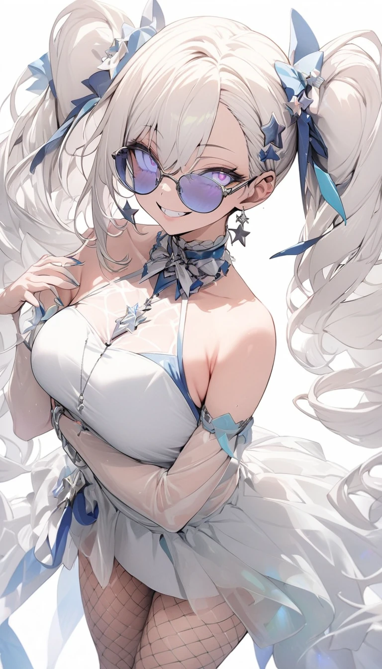 ((masterpiece, best quality)),Idol singer,Royal sister,sunglasses,Pure white background,Detailed face,Smile,whole body,Perfect body proportions,Glowing milky white eyes,sexly,Tattoo,extremely beautiful,transparent,High heel,Fishnet stockings,Star decoration,
