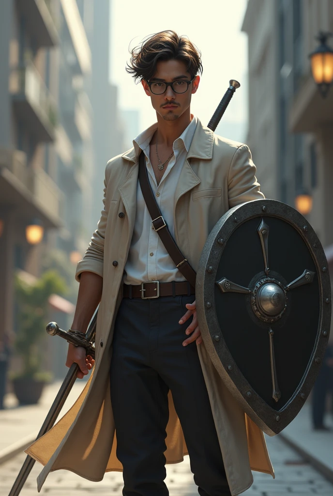 Tall lean man with glasses, messy hair with light mustache, young, sword and shield weapon, modern clothes, full body
