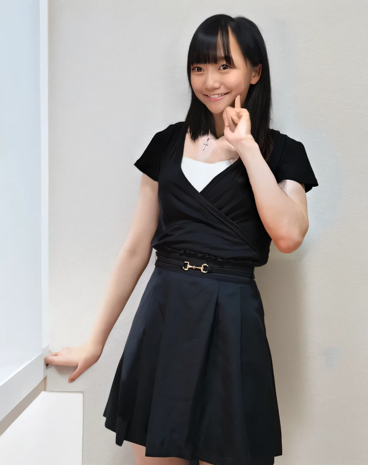 White plain background in studio. A villain played by a Japanese age actress (wavy bob, black hair), wearing a villain costume (black and red, sheer skirt, boots), standing.