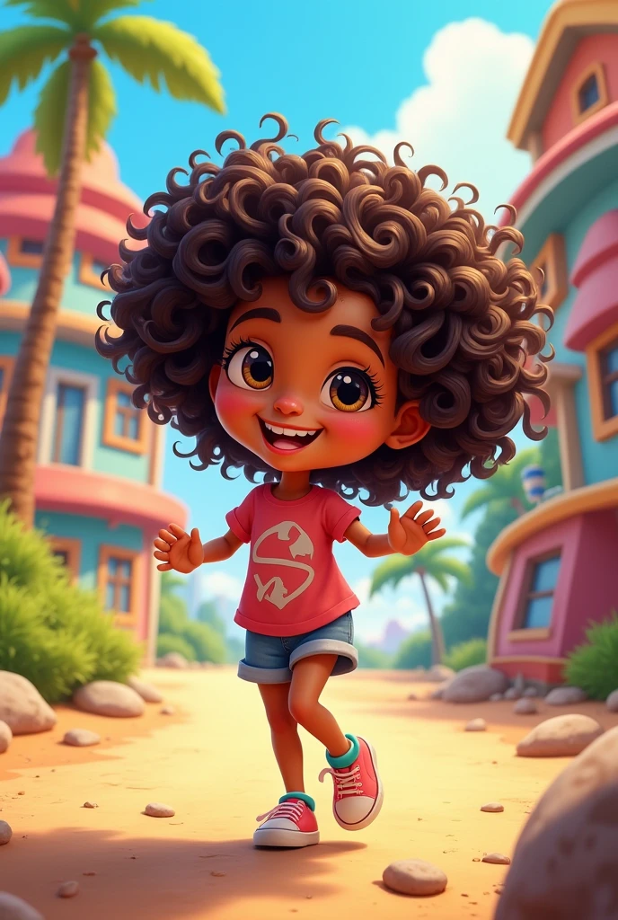 Create a girl character with curly hair with the same design as the cartoon Extreme Challenge Island