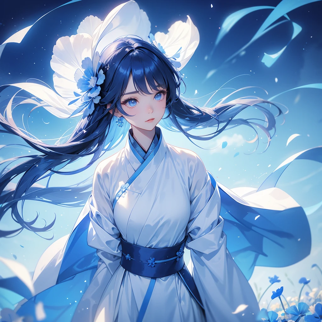 A beautiful female in hanfu dress , Strolling among the nemophila fields Glowing blue, There are some floating clouds, close up.