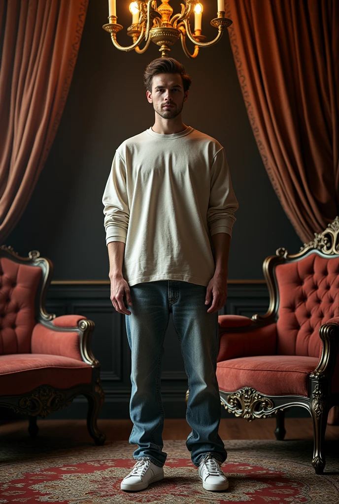 Portrait in a Victorian Studio: A modern person dressed in contemporary casual clothing, surrounded by Victorian furniture and decorations, like a velvet armchair, heavy curtains, and antique chandeliers.