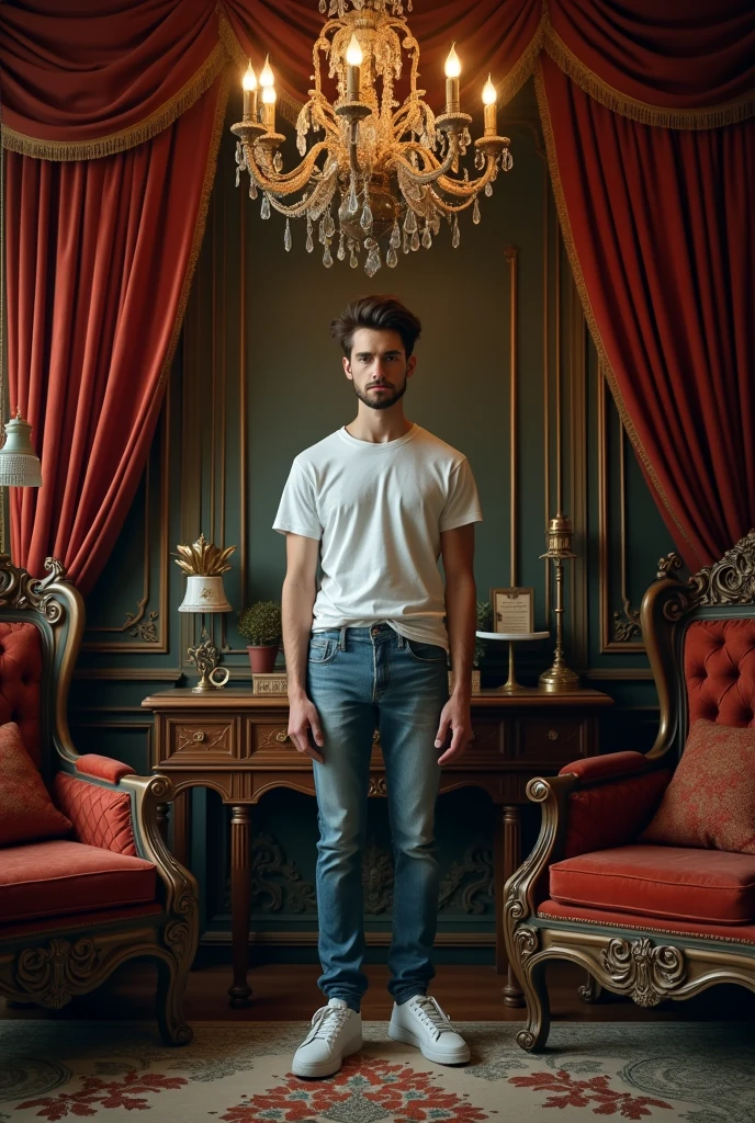Portrait in a Victorian Studio: A modern person dressed in contemporary casual clothing, surrounded by Victorian furniture and decorations, like a velvet armchair, heavy curtains, and antique chandeliers.