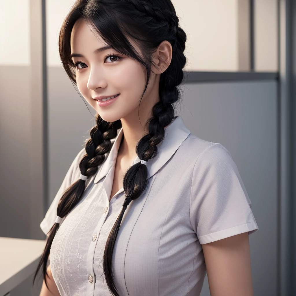 One person, High resolution, Gaze, smile, masterpiece, accurate, Highest quality, High-resolution model, High detail, Very detailed, Textured skin, Ultra high definition, Large Breasts, Shortcuts, nurse、nurse、Nurse uniform、Black Hair, Braid,