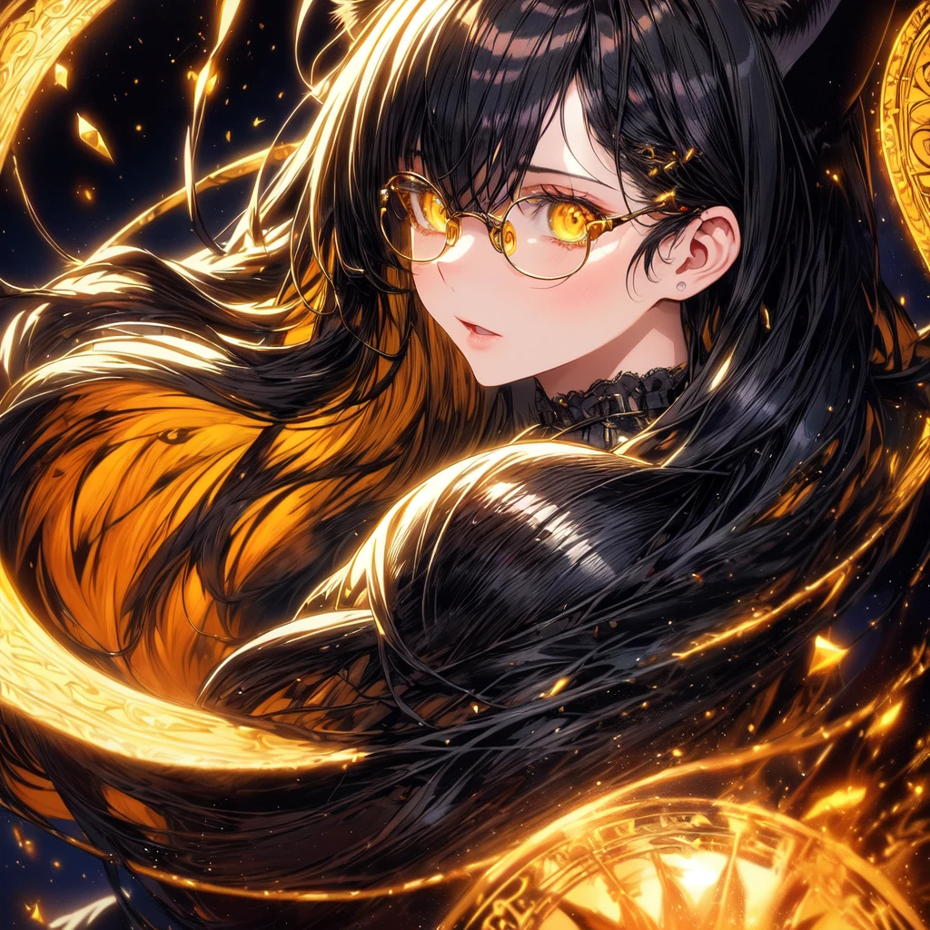 (masterpiece, best quality, ultra-detailed, best shadow), (detailed background,dark fantasy), (handsome detailed face), high contrast, (best illumination, an extremely delicate and beautiful), ((cinematic light)), colorful, hyper detail, dramatic light, intricate details, (1girl, solo, black with yellow hair, sharp face, yellow eyes, hair between eyes,dynamic angle), blood splatter, swirling black light around the character, depth of field,black light particles,(broken glass),magic circle, wear round glasses, A pair of cat ears on the head