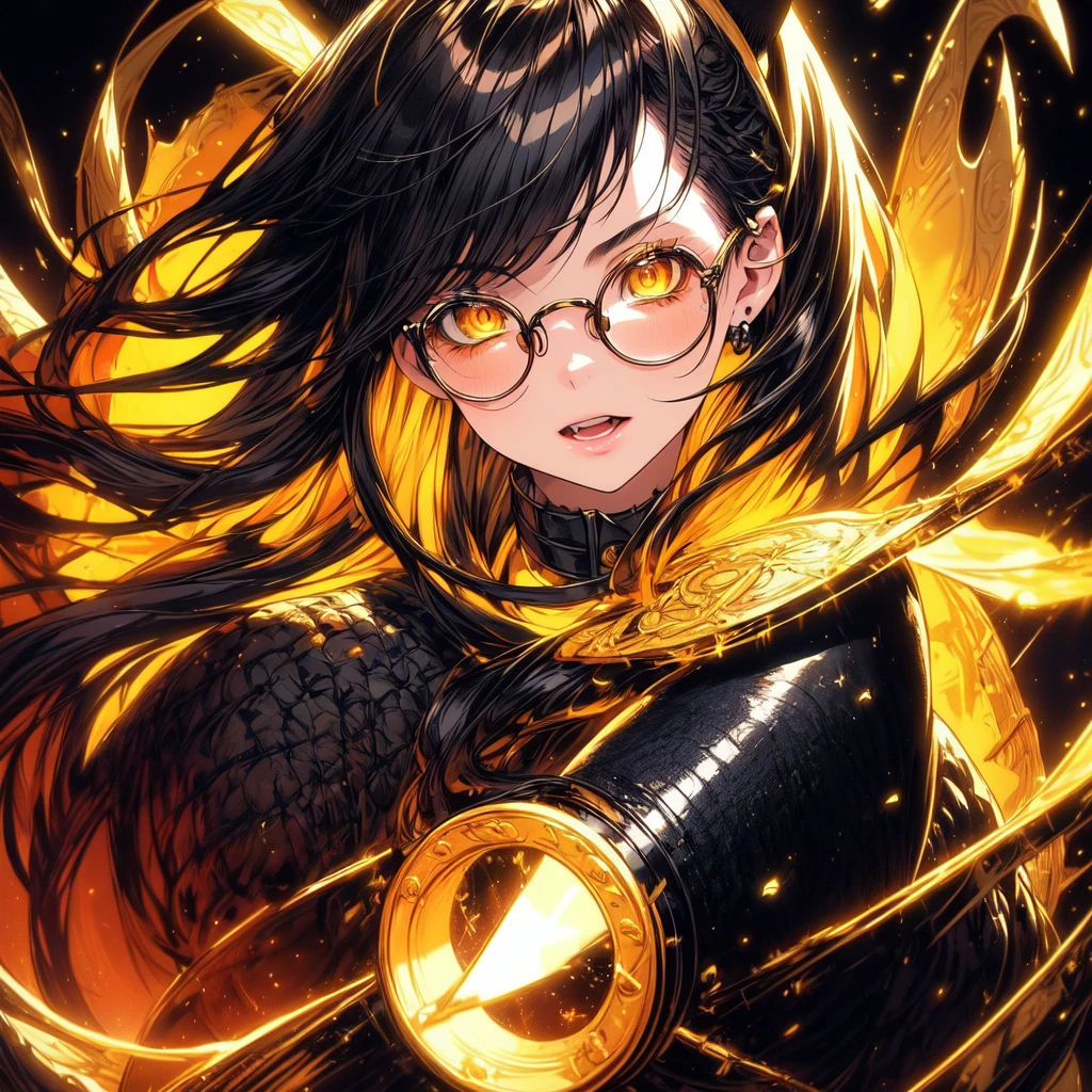 (masterpiece, best quality, ultra-detailed, best shadow), (detailed background,dark fantasy), (handsome detailed face), high contrast, (best illumination, an extremely delicate and beautiful), ((cinematic light)), colorful, hyper detail, dramatic light, intricate details, (1girl, solo, black with yellow hair, sharp face, yellow eyes, hair between eyes,dynamic angle), blood splatter, swirling black light around the character, depth of field,black light particles,(broken glass),magic circle, wear round glasses, A pair of cat ears on the head