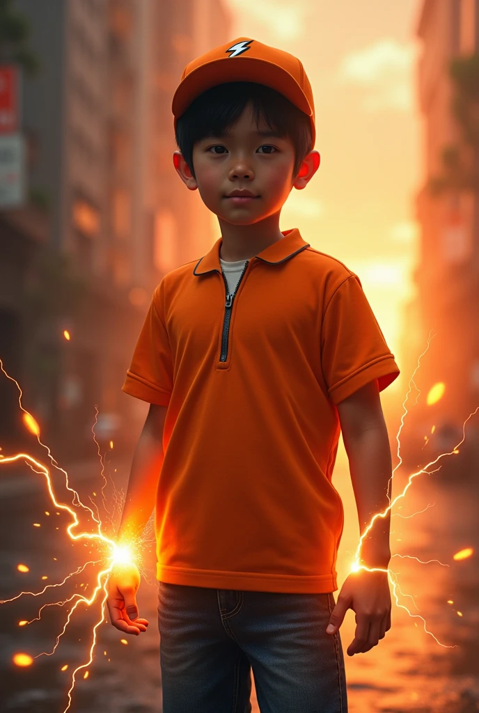 a young boy from Malaysia or Indonesia, wearing an orange zip-up shirt, black hair with a touch of white hair, highly detailed, a young real boy Malaysia Indonesia . wearing an orange zip-up shirt,black hair mix little detai white hair. Age 12 year old. orange cap with small thunder logo, detailed face, cinematic lighting, dramatic atmosphere, vibrant colors, 8k, high quality, photorealistic. Hero suit. Thunder come from his hand. Glowing thunder.jeans pants. Very strong. Future design dress, 4k, photorealistic, masterpiece, studio lighting, sharp focus, physically-based rendering, extremely detailed description, vivid colors, bokeh