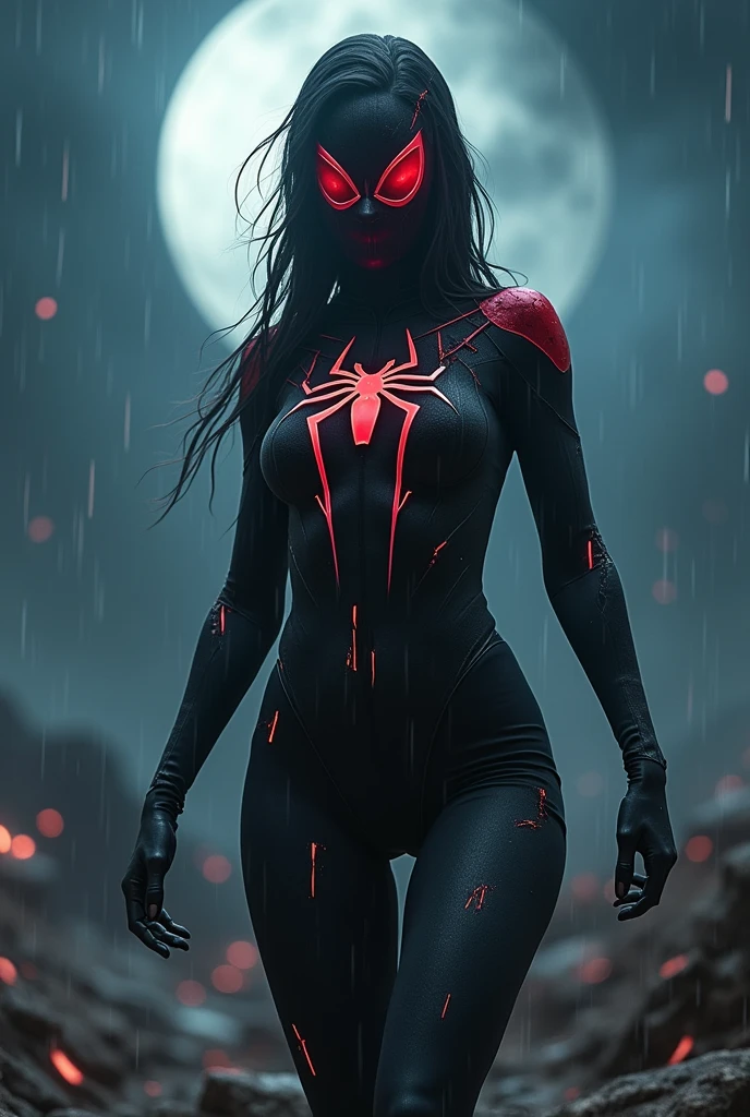Spider girl,black full body costume,neon spider symbol on fantasy,dark day,giant moon in the sky, moon elimination,rainy clouds,super tight clothes,Broad Hips,torn costume,torn mask showing lips,enveloping seductive mouth,best qualityer,8k,Super focus,Beautiful picture,face ilumined,strong bodie, traces of a fight,just fought 