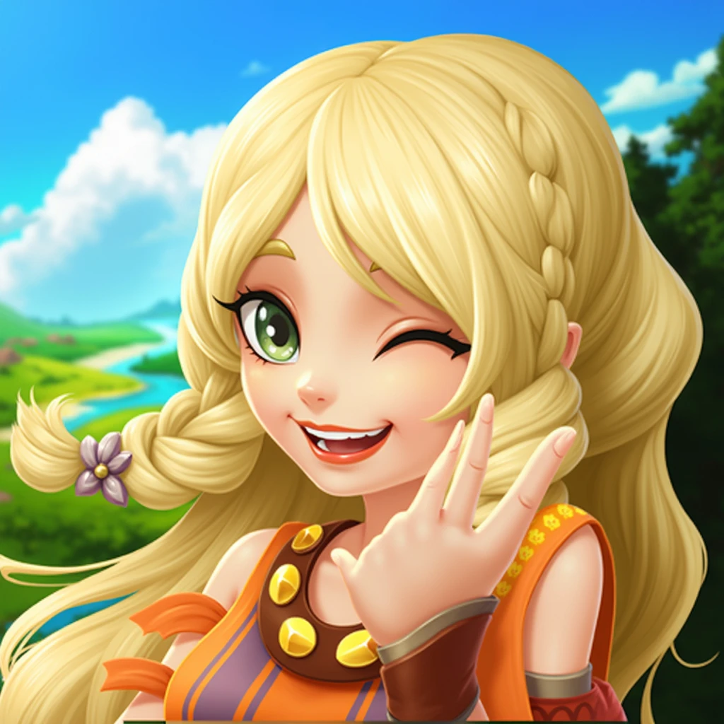 Game Icon,Japanese,Fantasy wind,2.5D,1 Girl,blonde,Long hair,Braided Bangs,Green eyes,Orange clothing,Tribal costumes,happy,Treasure Chest,Treasure,Best picture quality ,HD