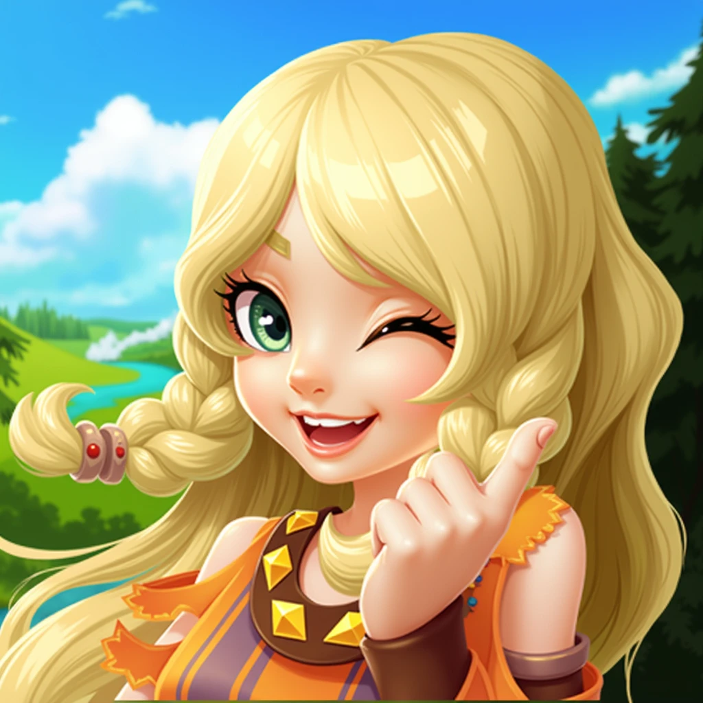 Game Icon,Japanese,Fantasy wind,2.5D,1 Girl,blonde,Long hair,Braided Bangs,Green eyes,Orange clothing,Tribal costumes,happy,Treasure Chest,Treasure,Best picture quality ,HD