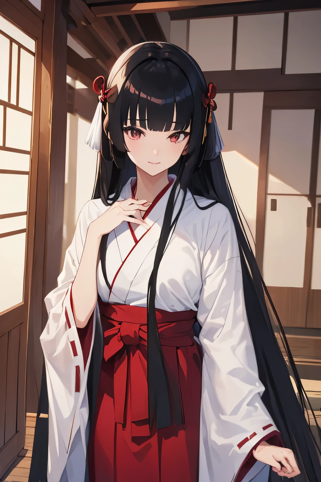 (masterpiece), Highest quality, (ultra-detailed), (Anime Style), 1girl, ((black long hair)), (hime cut), (hair ribbon), black eyes, medium breast, age19, (japanese shrine miko), white kimono, (red hakama), smile,