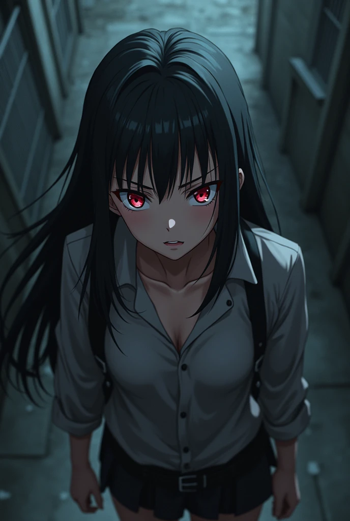 A girl with black hair red eyes is trying to rescue a 14 year old her little bro with blackgreen eyes from some thugs alone in a dark place, the boy is being kept hostage by the thugs, one of the the thugs put a knife in his thorat, the girl is 6 feet away from them anime