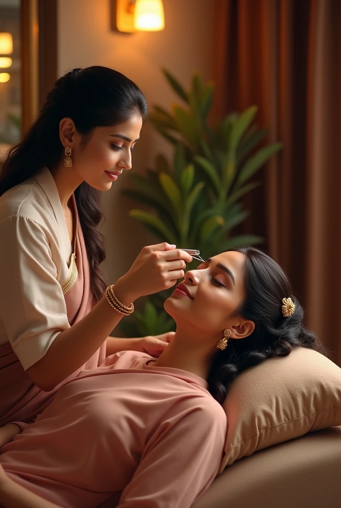A serene Indian salon, plush seating, and a skilled beautician threading an Indian woman's eyebrows with precision. The woman has glowing skin and is comfortably reclined, while the beautician wears a stylish uniform. Emphasize the artistry of threading and the salon's inviting ambiance.