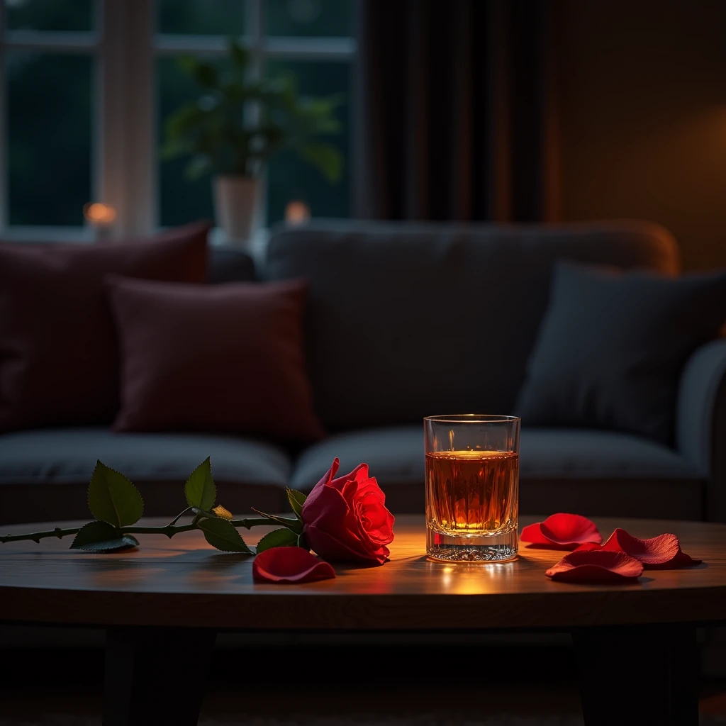 alcohol,red rose,Wooden table,night,sofa