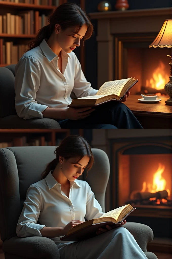 Generate two images together, in one image a man sitting at a table reading a book and in the other image a woman sitting reading the same book. 