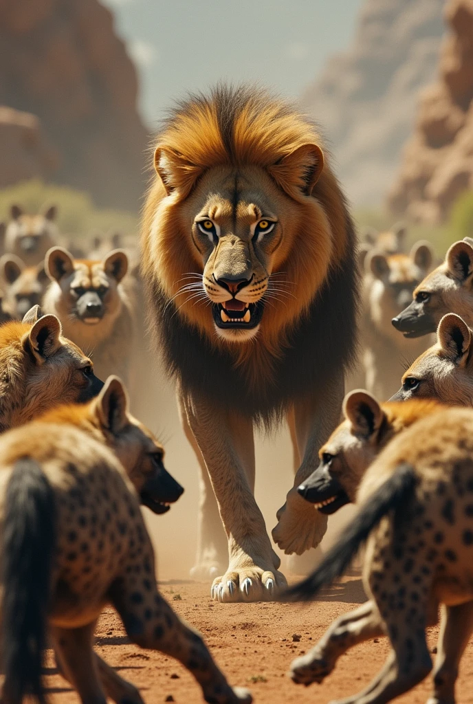 1 lion fight fiercely with13 hyenas