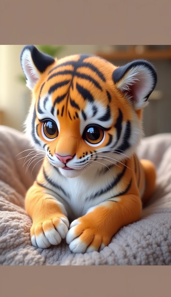 A chubby little tiger，Sitting on the sofa，so cute，reality