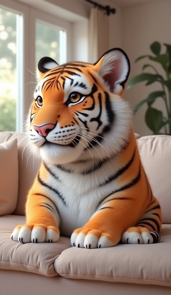 A chubby little tiger，Sitting on the sofa，so cute，reality