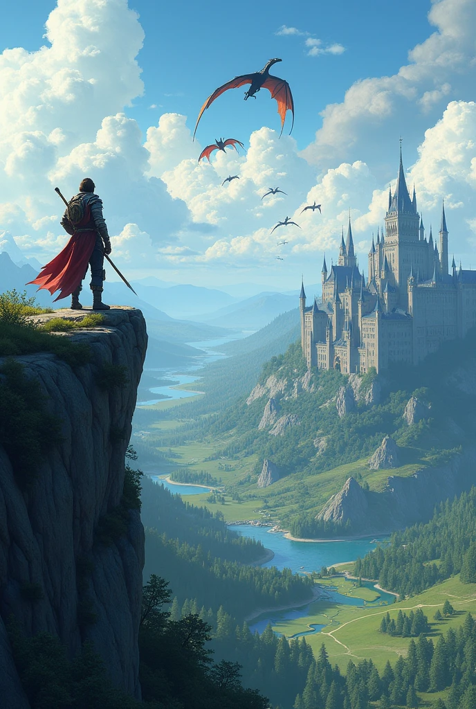 I want to create a wallpaper that is inspired by the world of Elden Ring and the main character is with an incredible view from above appreciating a wide panorama with castles and dragons in the distance