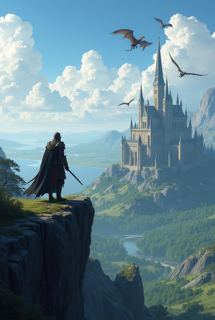I want to create a wallpaper that is inspired by the world of Elden Ring and the main character is with an incredible view from above appreciating a wide panorama with castles and dragons in the distance