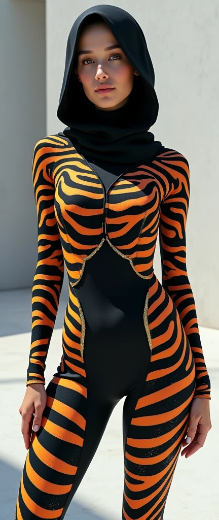 The most pretty muslimah with beautiful cheeks wears zebra print lycra turtleneck unitard catsuit and zebra print lycra zentai hood-like hijab