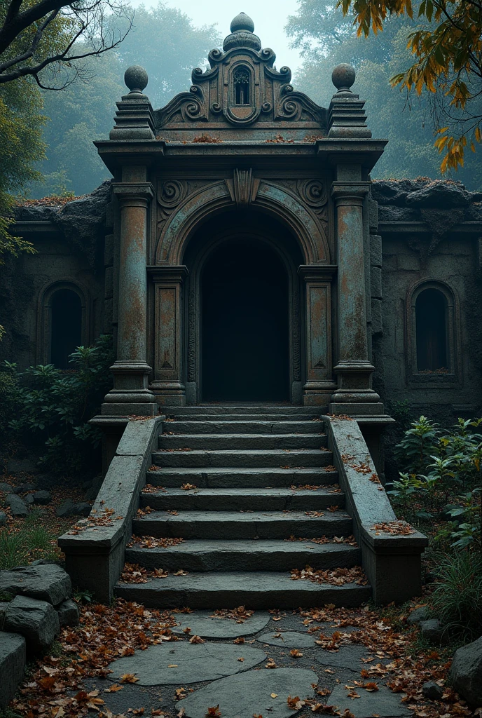 Mahel from inside which has 2 sides stairs in front
and that mahel was burnt and looks like ancient era around 500 years back night view with leaves