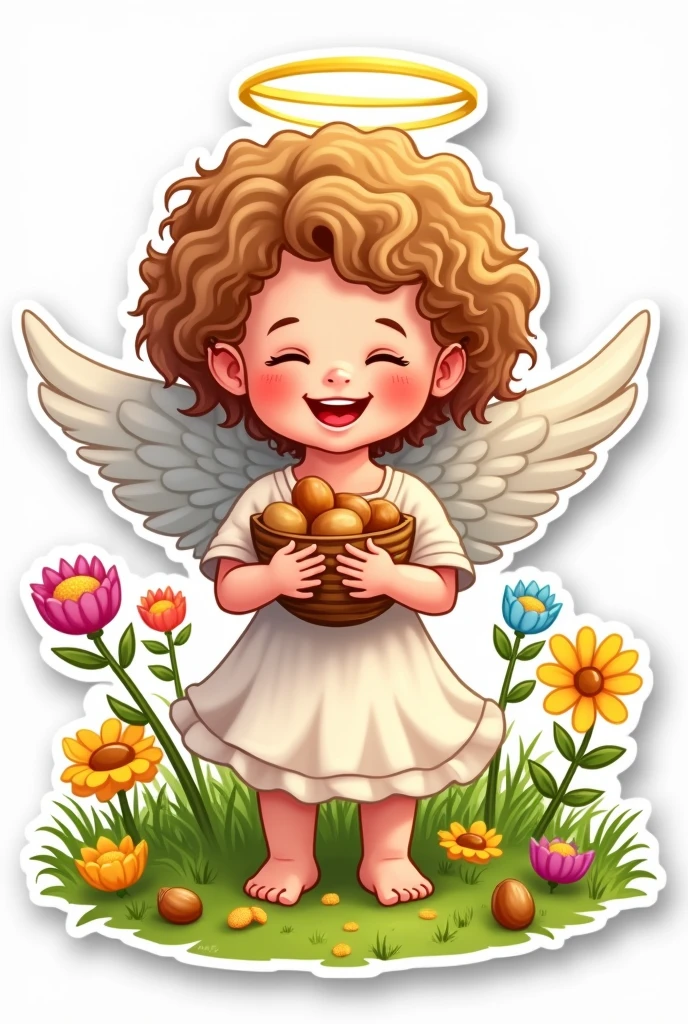 Drawn angel, Sticker, holds nuts, smile, nimbus, curly hair, grass, flowers , joy holiday. Words in beautiful font: "Congratulations" and next to it is the word "limit" in Cyrillic 