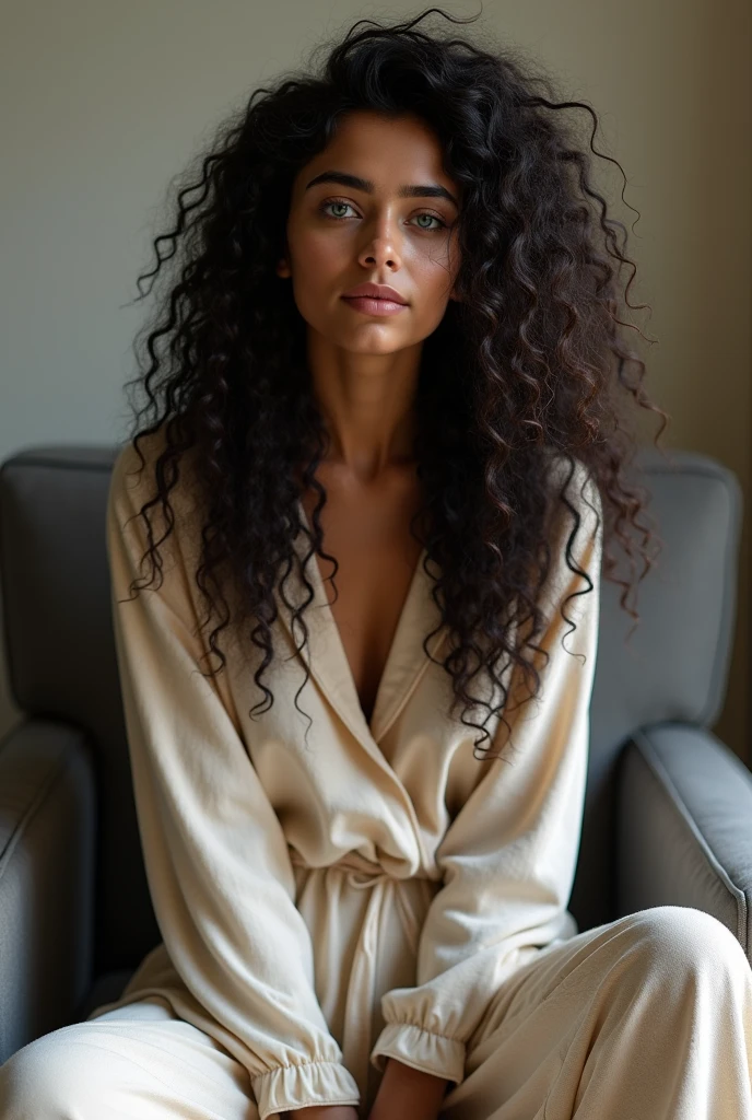 (photorealism:1.2), beautiful girl sitting on chair wearing full pajama pants, long curly hair, indian and his eyes blue
