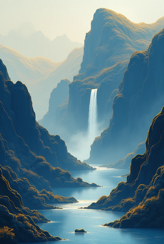 Klein Blue, Golden Waterfall, Mountain, Tree, Chinese Embroidery Craftsmanship of Golden Blue Mountain, Gold Plating, Flowing Gold, Minimalist Color Field, Freehand, Blank Space, Organic Form, Simple Blue Background