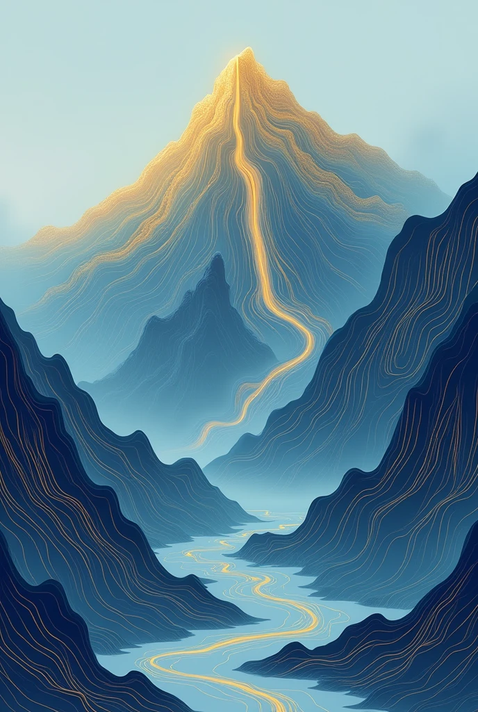Klein Blue, Golden Waterfall, Mountain, Tree, Chinese Embroidery Craftsmanship of Golden Blue Mountain, Gold Plating, Flowing Gold, Minimalist Color Field, Freehand, Blank Space, Organic Form, Simple Blue Background