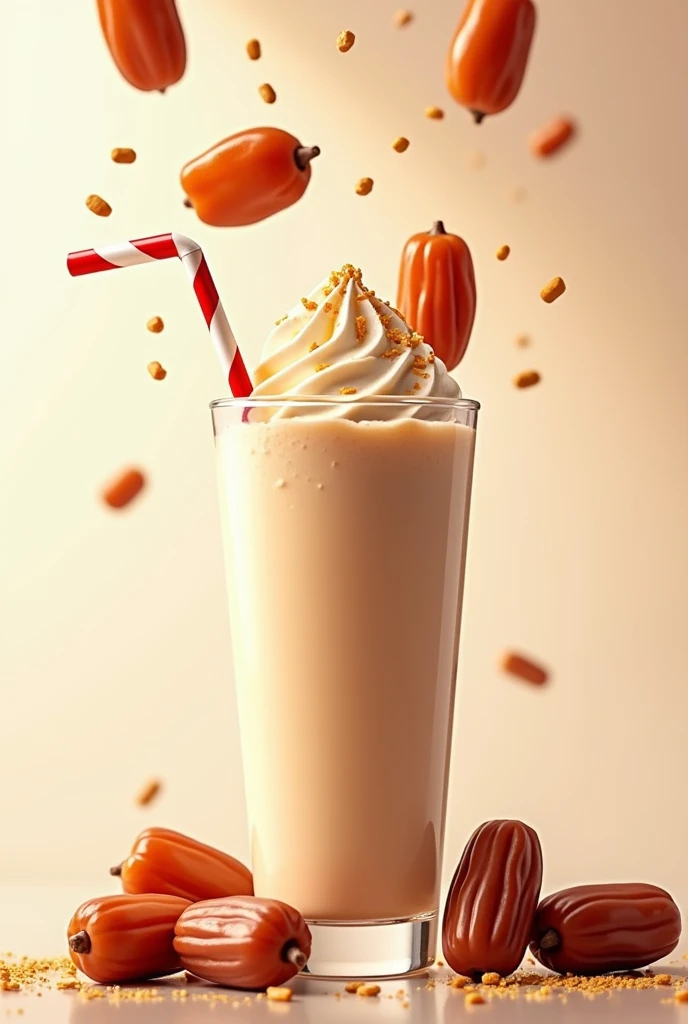 A poster displaying date fruits falling in a glass full of date milkshake with a straw inside and also displaying the name Kurma Shake