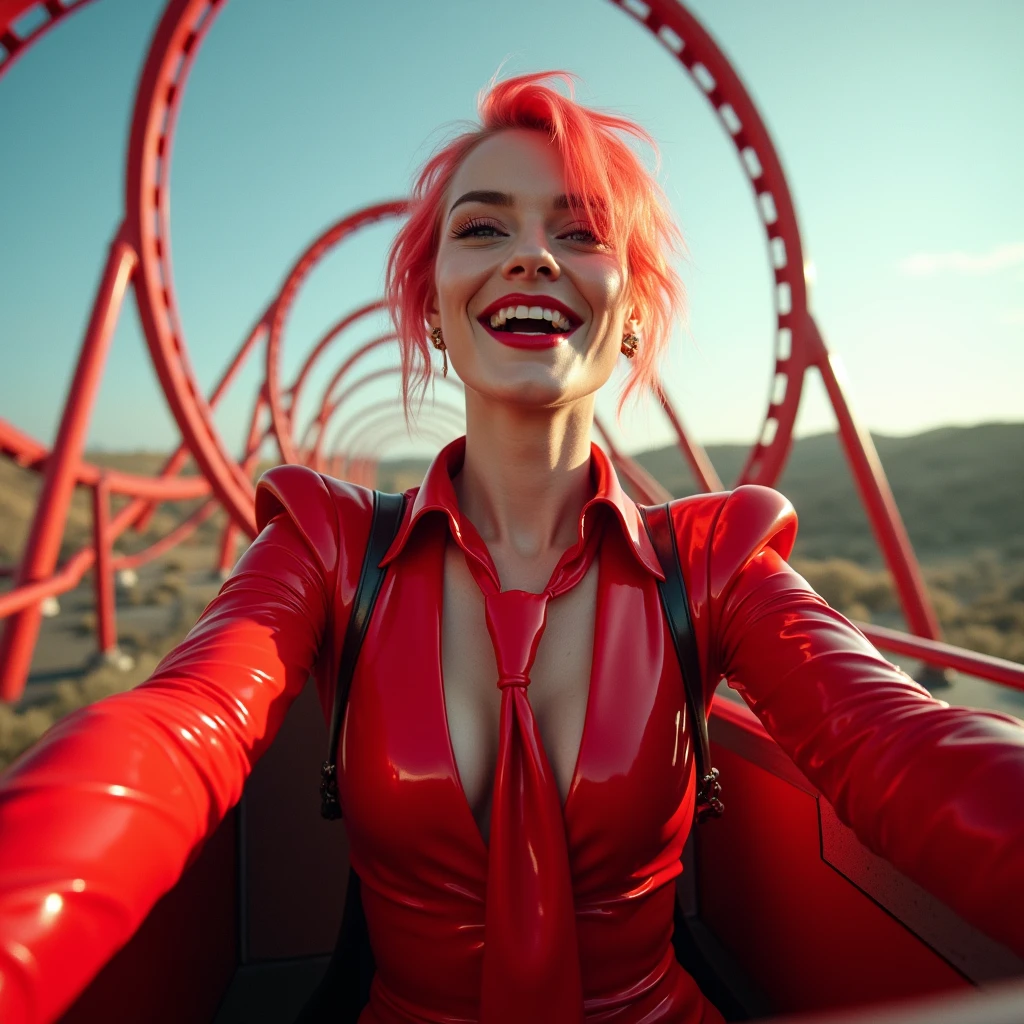 selfie photo of a androgynous jezebel woman joyful in a roller coaster, roller coaster fun ride, sunny futuristic landscape, wearing a glamorous latex blouse with red tie and liquid-lacquered leggings, uploaded to facebook