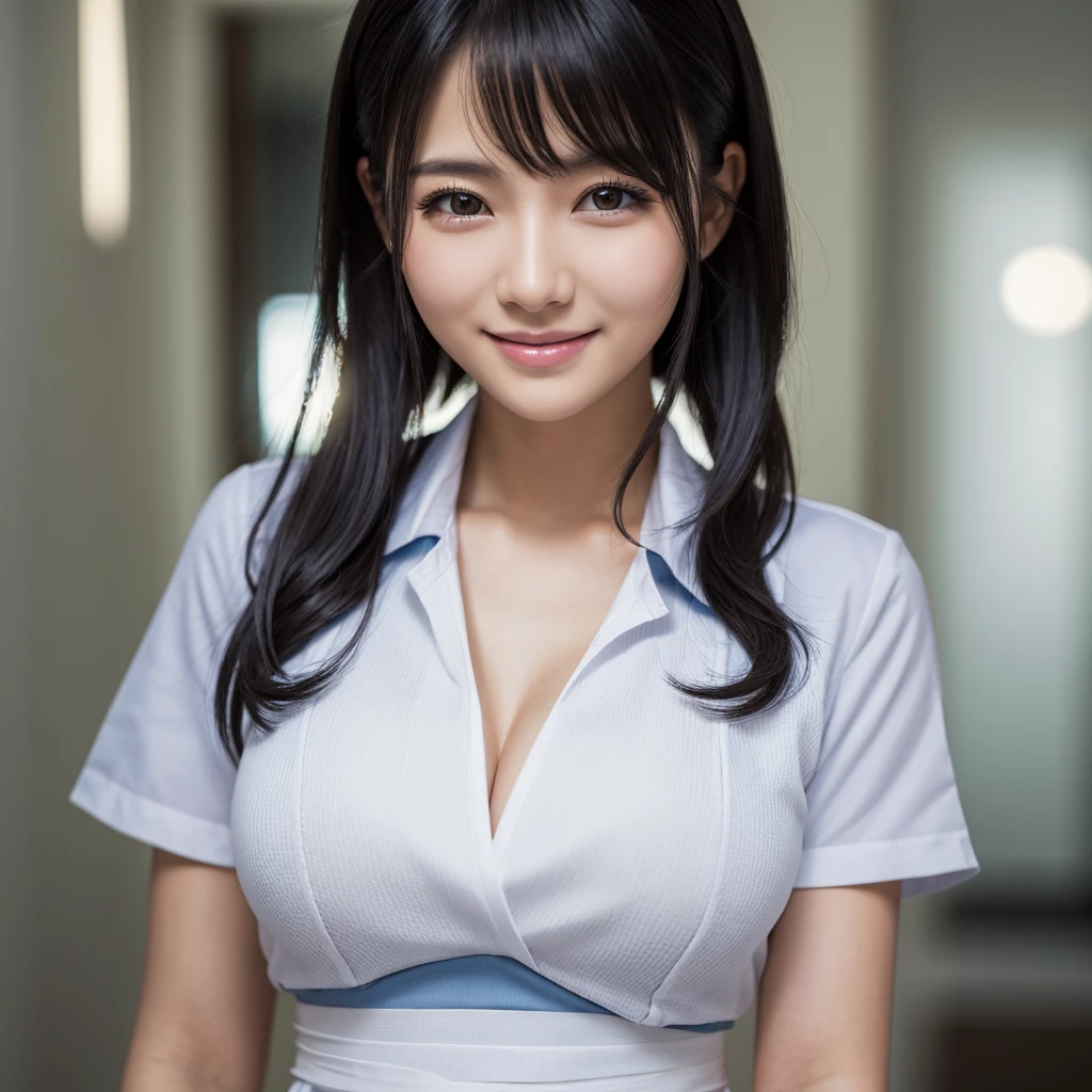 One person, High resolution, Gaze, smile, masterpiece, accurate, Highest quality, High-resolution model, High detail, Very detailed, Textured skin, Ultra high definition, Large Breasts, Shortcuts, nurse、nurse、Nurse uniform、Black Hair, Long Hair,