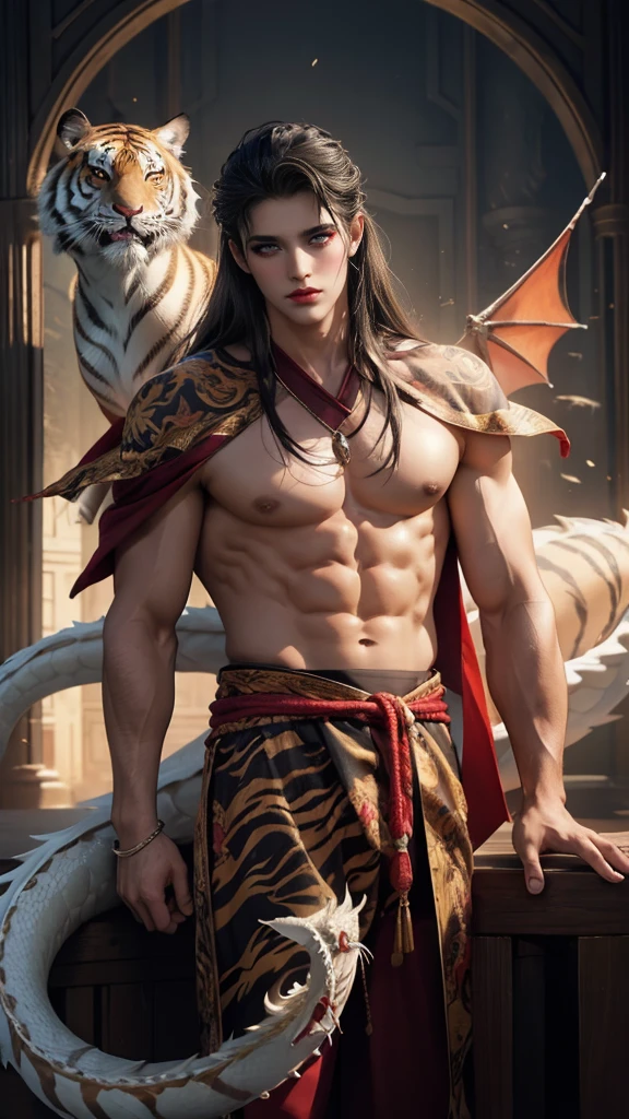 best quality,masterpiece,Ultra-high resolution,truthfully:4:0,On the shore,white dragon tiger beast,Teacher soul,Handsome and handsome,oriental,long hair shawl,Perfect body,Wear the Dragons and Tigers jersey,