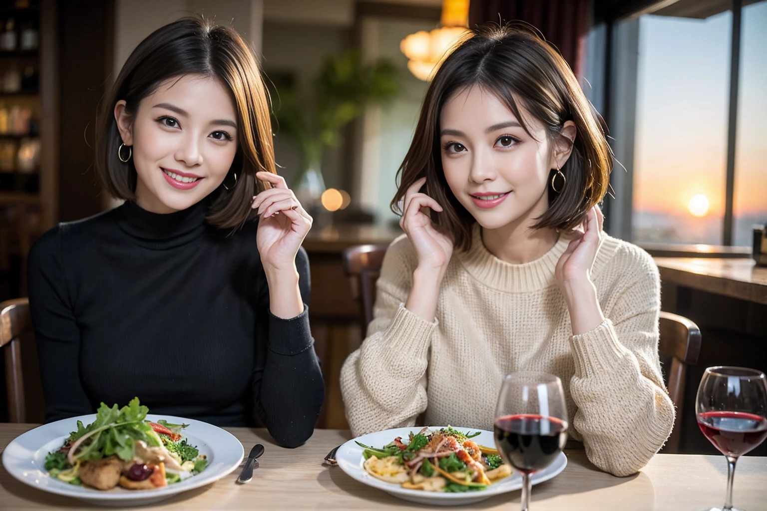 (Realistic:1.1),(masterpiece,Highest quality),8k,(49 years old), 53 years old, ベリーslimボディ、slimカップル、Tight waist,Upper Body,full-course dinner、wine 、Amazing view of the sunset sky and clouds、Perfect Anatomy, Brown Hair, short hair,Random Hairstyles,((Highly detailed face and eyes:1.2)),Perfect golden ratio face,Long sleeve shirt、dress,(smile:1.2)、Shortcuts、cute、(Realistic, Intricate details:1.2), A bright smile、short hair,Bright Face、赤wine 、Appetizers、Italian food、wine bottle、Champagne、スパークリングwine、(slimな顔), (The body is slim), (Brown Hair), (Shortcuts), Upper Body, 白wine, slim, wineグラス,