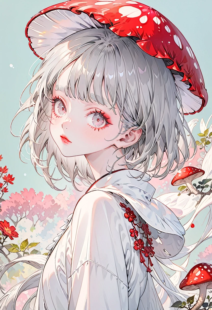 Pastel background(Highest quality,Very detailed,High resolution:1.2),Slim albino girl,Gray-haired berry shorthair,gray bangs,very_long white eyelashes, White eyebrows, White skin,Detailed lips, Cool look, Soft Skin, Shiny Hair,Exquisite makeup,Red mushroom hat,Focus on the face