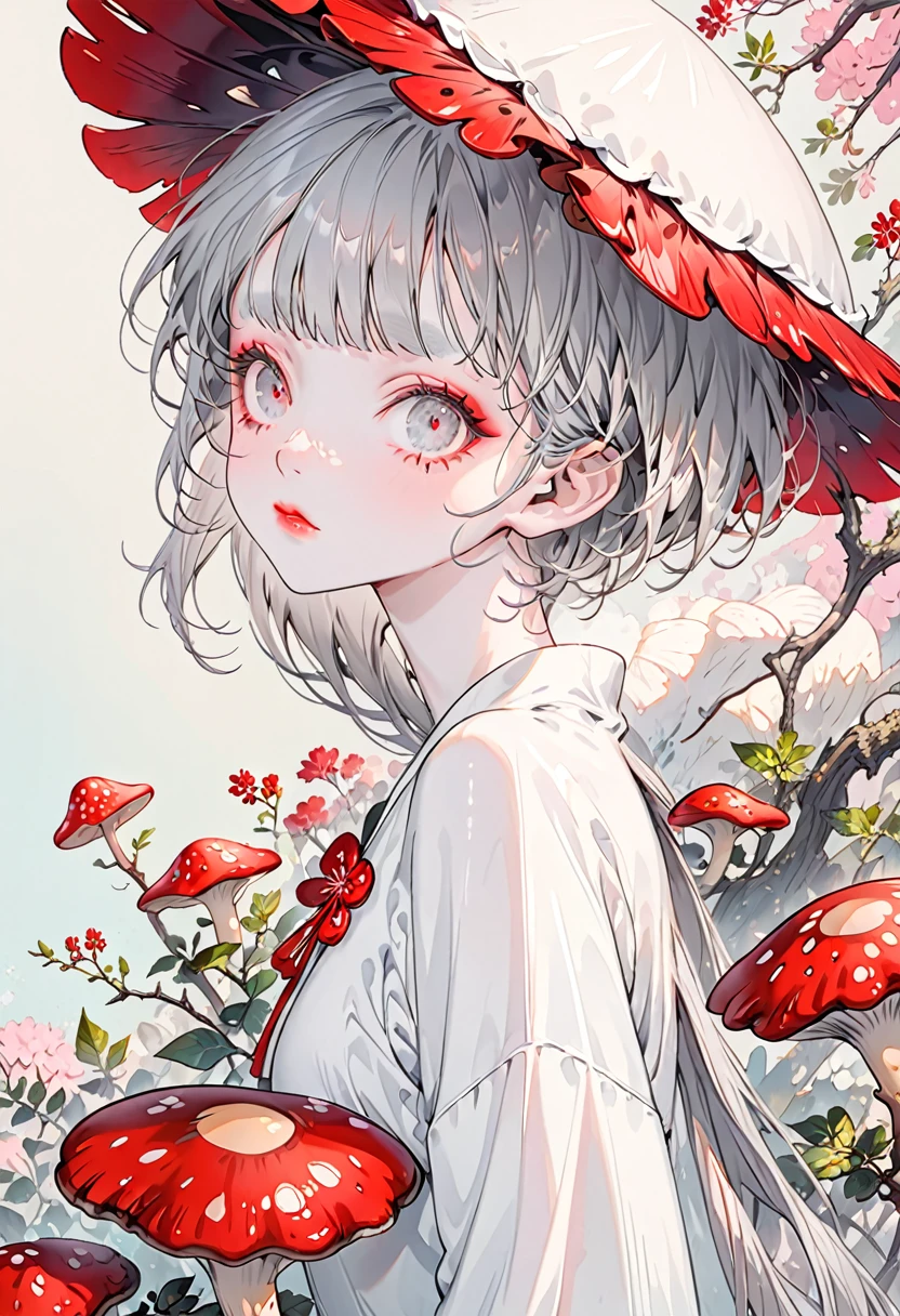 Pastel background(Highest quality,Very detailed,High resolution:1.2),Slim albino girl,Gray-haired berry shorthair,gray bangs,very_long white eyelashes, White eyebrows, White skin,Detailed lips, Cool look, Soft Skin, Shiny Hair,Exquisite makeup,Red mushroom hat,Focus on the face