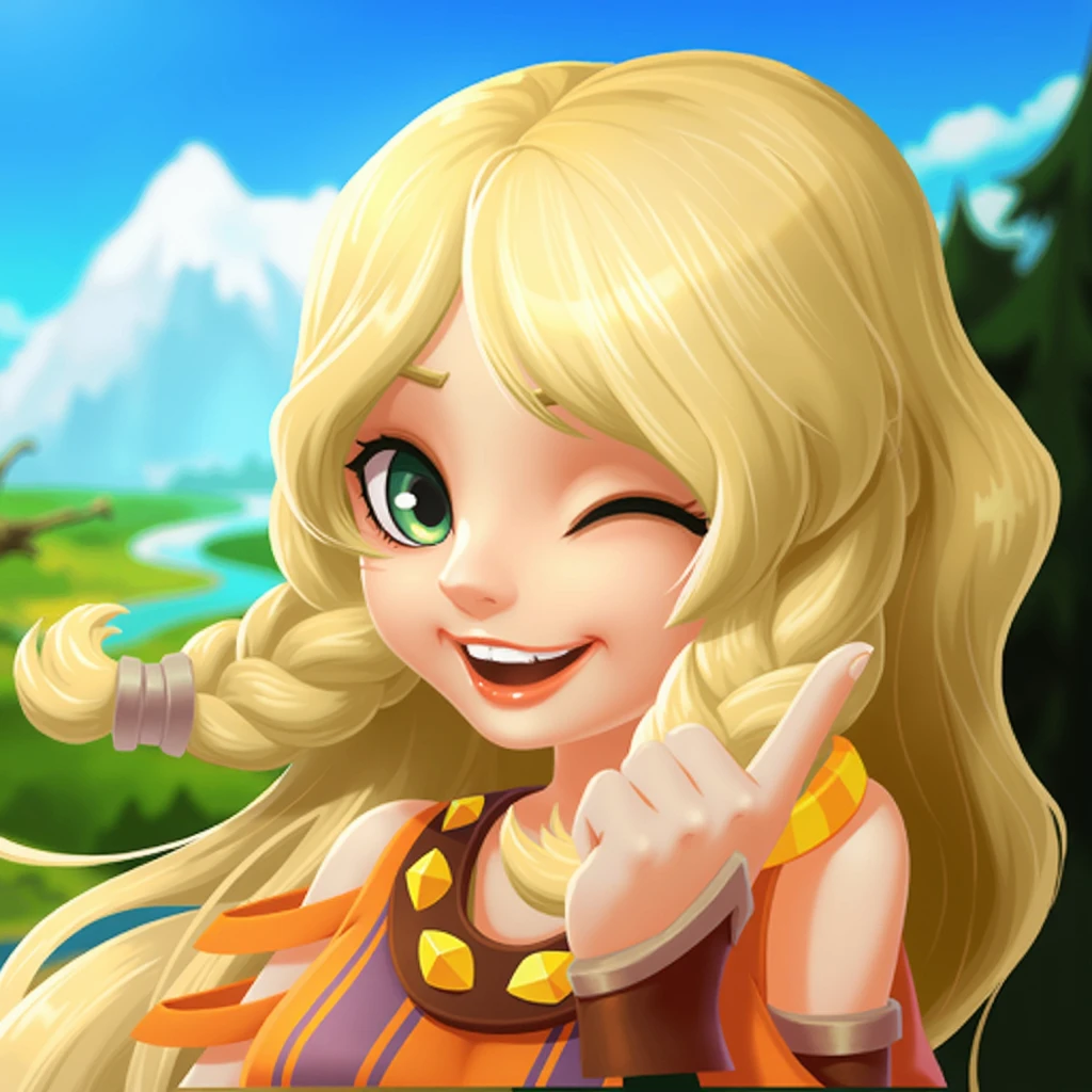 Game Icon,Japanese,Fantasy wind,2.5D,1 Girl,blonde,Long hair,Braided Bangs,Green eyes,Orange clothing,Tribal costumes,happy,Treasure Chest,Treasure,Best picture quality ,HD