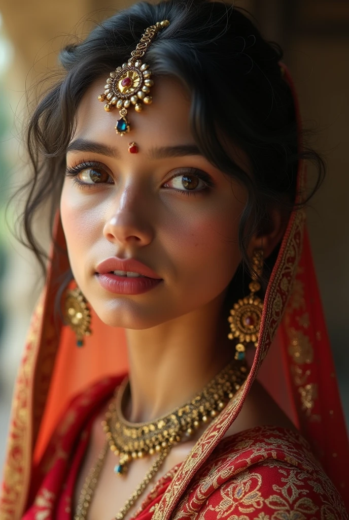 1girl, Vritika Negi, 21 years old, Kumaoni, detailed portrait, beautiful detailed eyes, beautiful detailed lips, extremely detailed face, long eyelashes, serene expression, soft skin, glowing complexion, delicate features, elegant pose, intricate jewelry, traditional Kumaoni outfit, ornate headpiece, natural lighting, warm color palette, cinematic composition, (best quality,4k,8k,highres,masterpiece:1.2),ultra-detailed,(realistic,photorealistic,photo-realistic:1.37)