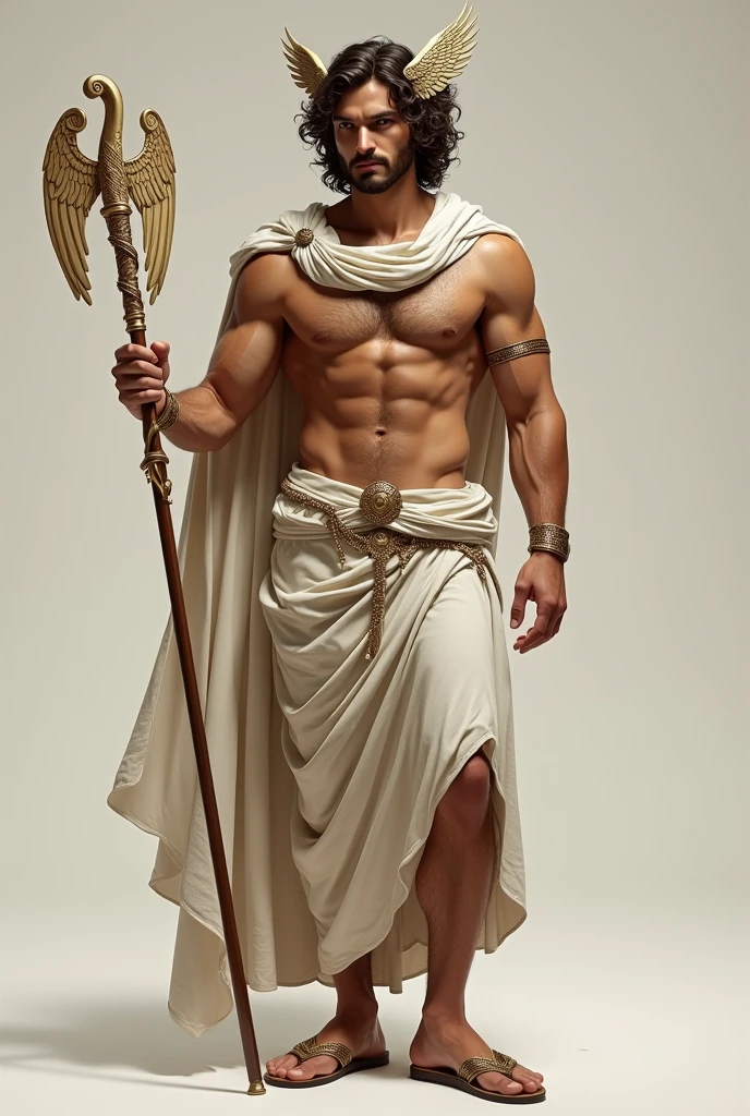 Create image of a very handsome white man with curly hair like the God Hermes from Greek mythology com corpo musculoso roupa grega com a sandália com asas no pé e um caduceu na mão e no chapéu com asas também na cabeça