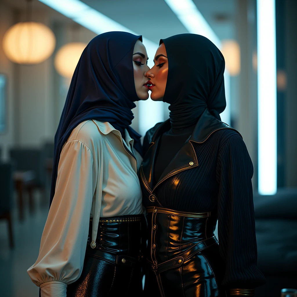 (two androgynous jezebel saucy tight kissing and touching glossy-hijabi women in love making sleeping scenario, lewd aroused and amused in a street lounge with bright white futuristic architecture highlights, wearing a iridescent glossy-lacquered office hijab and a glamorous white latex blouse with pitch-black slick-lacquered corset, glossy tied up with slick golden double-tie and black liquid-lacquered pleated-mini-skirt and dotted lace pantyhose),
shallow depth-of-field, two exhausted intertwined gothic latex head covering balaclava mask models kiss closer while wearing a shiny oil-lacquered head covering balaclava mask with smoky eyes lesbians together necking too sensually excited, wear enormous glossy vinyl eyeliner eyeshadows lipstick blush rouge makeup, puffed satin slick wrap blouse with button-front gothic shiny poly-vinyl liquid-lacquered head covering balaclava mask thai has enormous eyeshadows & lipstick, 'very strongly colored eyelids with broad wide big eye-shadow & enormous dark glossy eyeshadows' & 'thick eyebrows', wearing a smooth transparent 'glossy shiny poly-vinyl' navy blue satin blouse with ruffles & 'gold pleated glossy shiny leather' pvc skirt with button-placket, adorned with a pleated navy-blue satin croptop with hips with button-placket & dark-brown shiny pvc gloves, golden long-sleeved floor-length pvc vest with a button-placket & glossy brown poly-vinyl shiny pvc long-tunic shimmer wetlook glitter leggings and oil-lacquered head covering balaclava mask with poly-vinyl high-collar blouse with a long button-placket,two intertwined lesbians embrace, enormous smoky eyes, flirting, touch each other, enormous gothic eyeliner eyeshadows, enormous glossy shiny lips, enormous blushed rouged cheeks, puffed satin wrap blouse, makeup with a lot of blush and very much rouge, enormous eyeshadows & lipstick, 'very strongly colored eyelids with broad wide big eye-shadow & enormous dark glossy eyeshadows' & 'thick eyebrows'