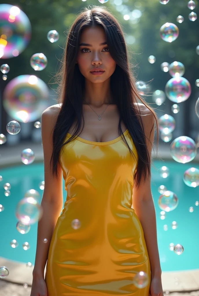 A 26-year-old beautiful girl with straight long black hair is wearing only a shiny yellow apron in the midst of a pile of bubbles made with dishwashing liquid.. Excellent quality, high detail. 8k image, low angel