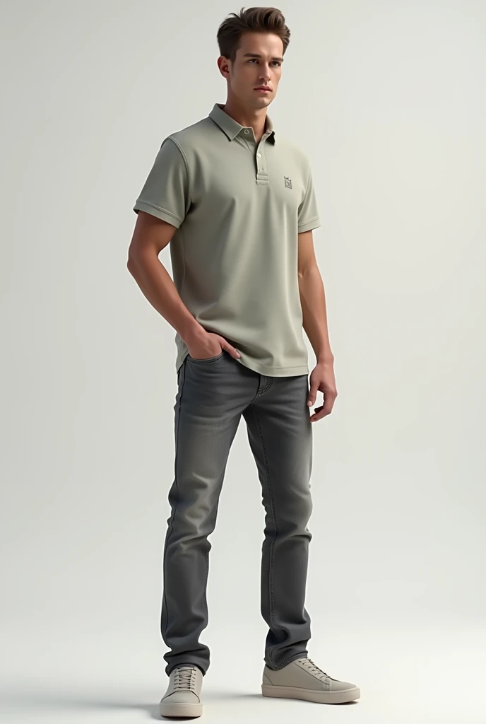 Make a picture of a person wearing Polo T shirt and grey denims with sneakers