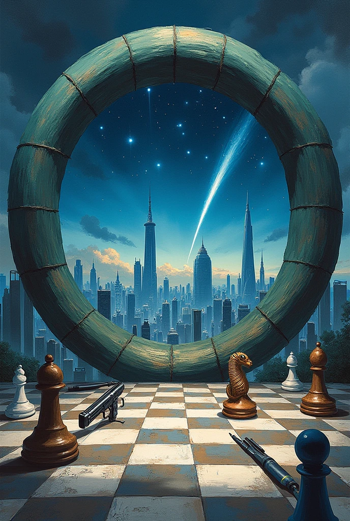 The image is Ghibli style, shows a painting, which has a circular frame shaped like an ouroboros, On the canvas, a futuristic city with large skyscrapers is drawn with a brush and watercolor, with a shooting star streaking across the night sky in the distance.. Outside the painting two chess pieces can be seen, one the black king and the white king, and also two guns and some brushes that were used to paint the picture.