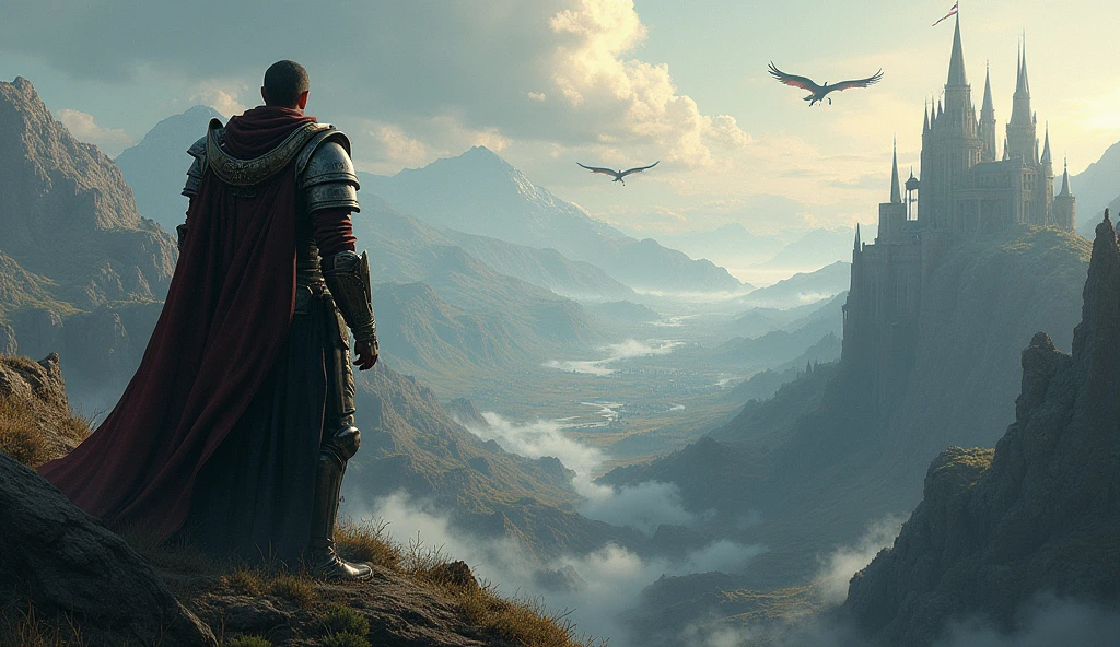 I want to generate a wallpaper that is inspired by the world of Elden Ring and the main character is with an incredible view from above, appreciating a wide panorama with castles, dragons and dungeons. 