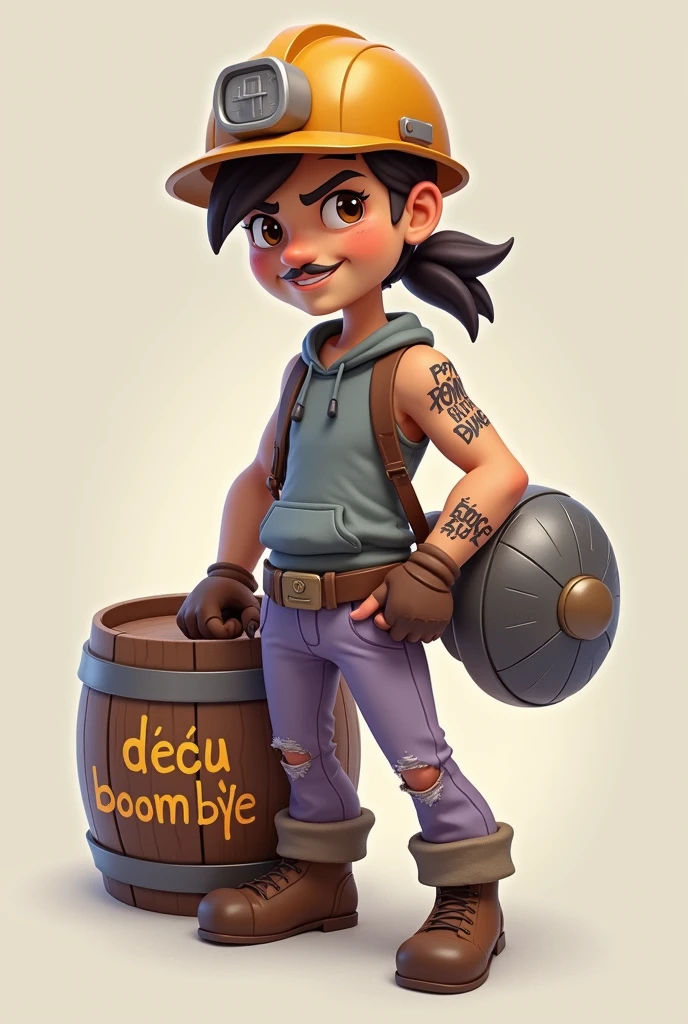 Personnage avec un tonneaux avec écrit déçu boom bye sur le tonneaux des mini mine sur luis un pantalon bleu poupre clair avec un peut de déchirure une tête avec des yeux marrons un pull la ou il porte grâce a unes sachons a mine des cheveux avec une queue de cheval est une bombe en tatouage sur sont bras droit une bouche avec un sourire un visage beige une moustache des main avec des mine qu'il tient sur s'est deux est il y a ecris boom bye-bye et qui a un côté un peut muscle de sont corps avec un peut de trace sur s'est blessure