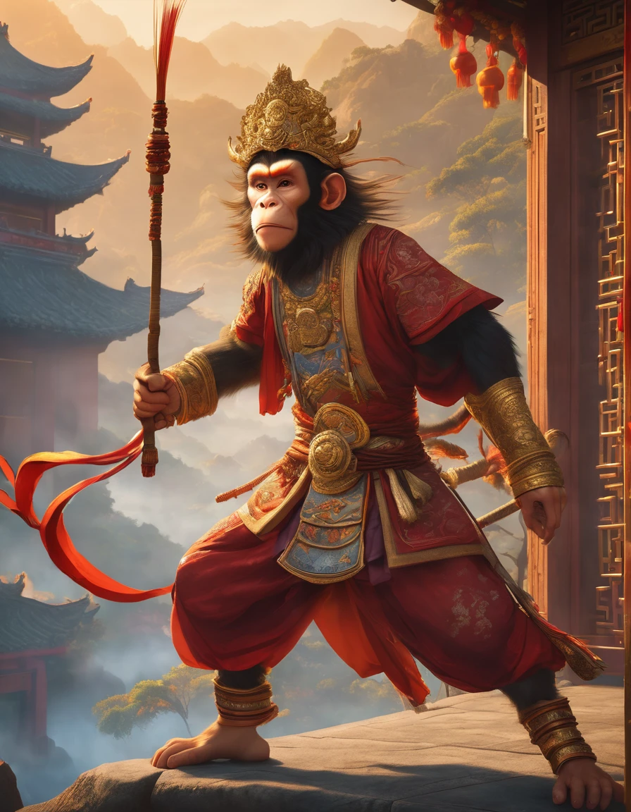 CINEMATIC concept art of the Monkey King from Journey to the West, Chinese background, dynamic pose, intricate details,