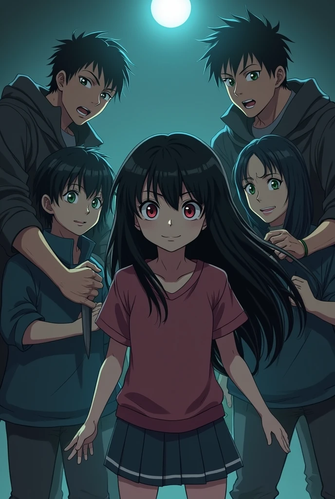 A 16 year old girl with black hair red eyes is trying to rescue  a 14 year old boy who is her little bro  with black hair green eyes from some thugs alone in a dark place, the boy is being kept hostage by the thugs, one of the the thugs put a knife in the boy's  thorat, the girl is 6 feet away from them anime
