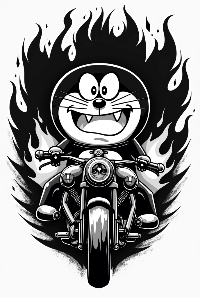 MAKE ME A LOGO FOR MOTORCYCLE CLUB. THE THEME IS ANGRY DORAEMON. THE COLOR IS ONLY BLACK AND WHITE. IN THE LOGO THERE IS A MOTORCYCLE ENGINE. THE LOOKS IS FLAMMING.